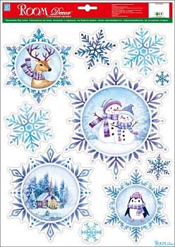 Наклейка новогодняя 29х41см Снежинки Зимний пейзаж; Roomdecor, WDX5603B