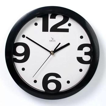 Часы настенные пластик круг d 285 мм Крупные цифры рама черный/фон белый; П1-6/6-226